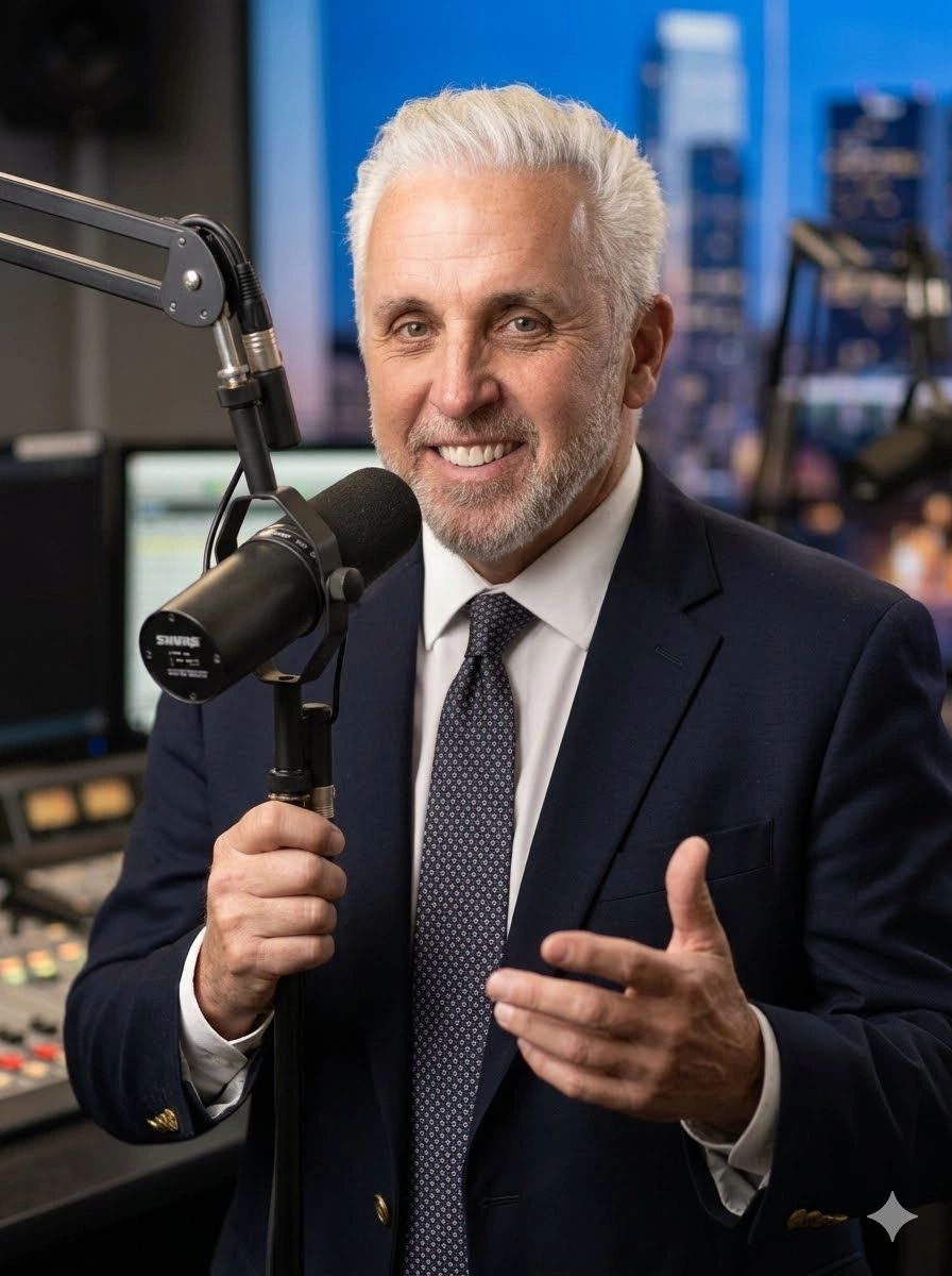 Devin Christopher at a broadcast microphone.