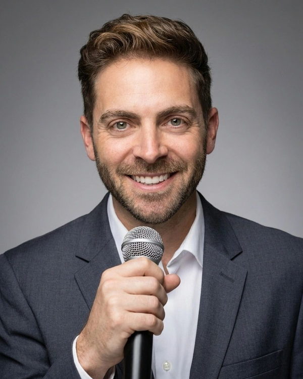 DJ Connor holding a microphone.