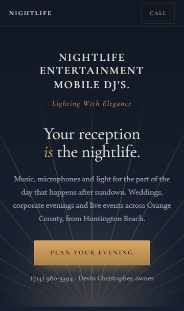 Concept 2, After Dark: a midnight page with brass up-light beams rising behind the company name.